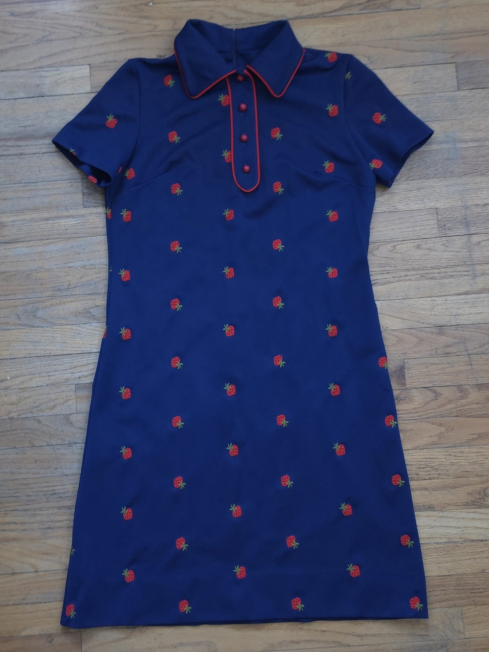 Vintage 1970s DAVID CRYSTAL Navy Strawberry Polo Dress